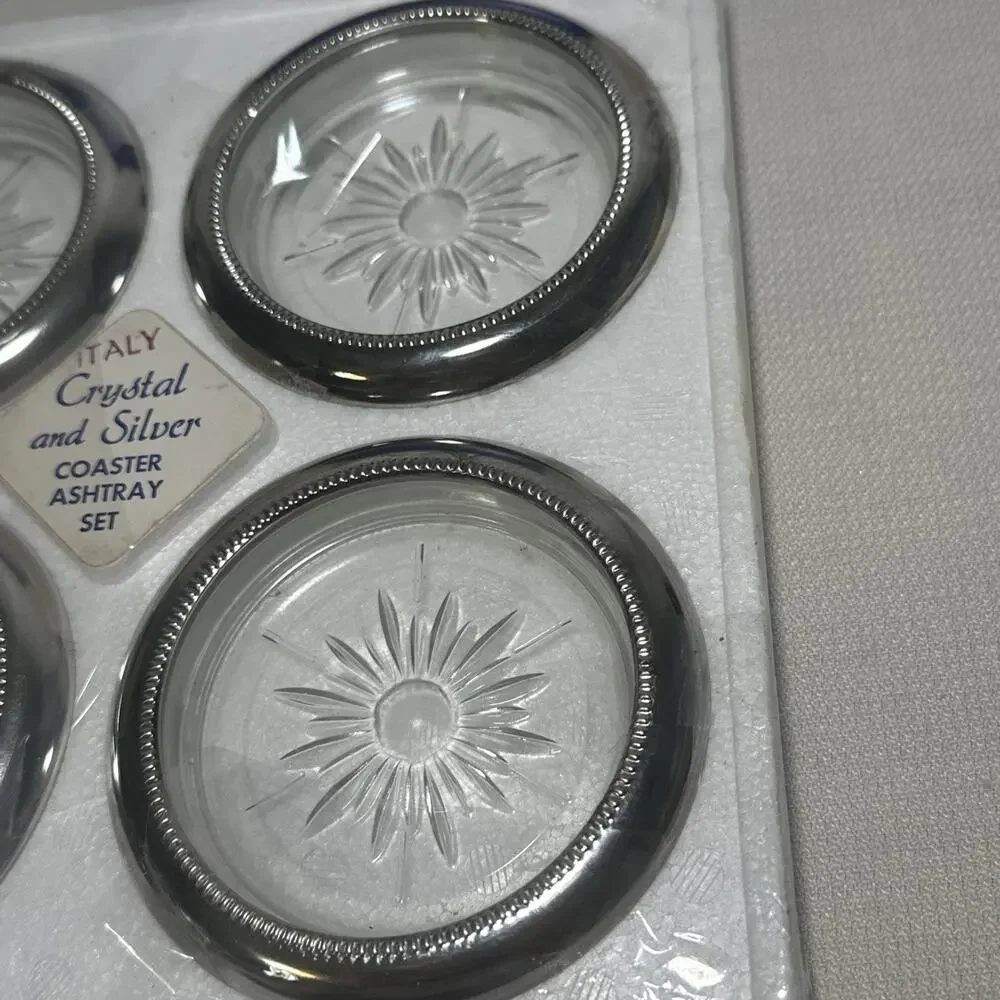 Eales 1779 Leonard Silverplate Crystal Drink Coasters Vintage Set NIB semiSEALED